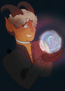 A dilute Tortoishell cat with large grey and gold patches. Large ears and gold eyes and white on their tail tip and paws. Aspen