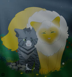 A fluffy flame point cat walking pressed against a smaller grey tabby cat. Walking through flowers under moonlight.