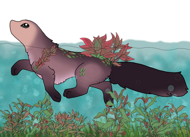 An animalistic creature swimming through water plants similar to the one growing on its back